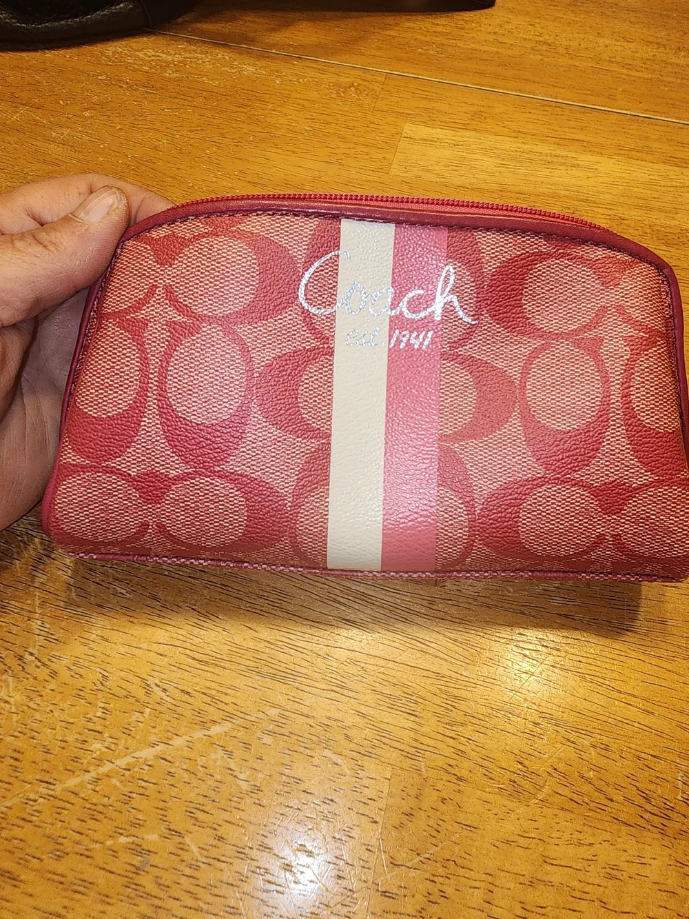 Coach Red Signature Stripe Cosmetic Pouch with Cream & Pink Center Stripe
